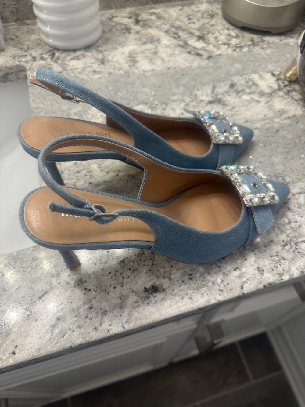 Madden Girl Light Blue Crystal Buckle Pointed Slingback Heels - Picture 2 of 4